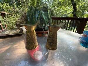 Vintage Peerage Embossed Brass Pitchers with Nautical Sailing Ship Scene, Set of